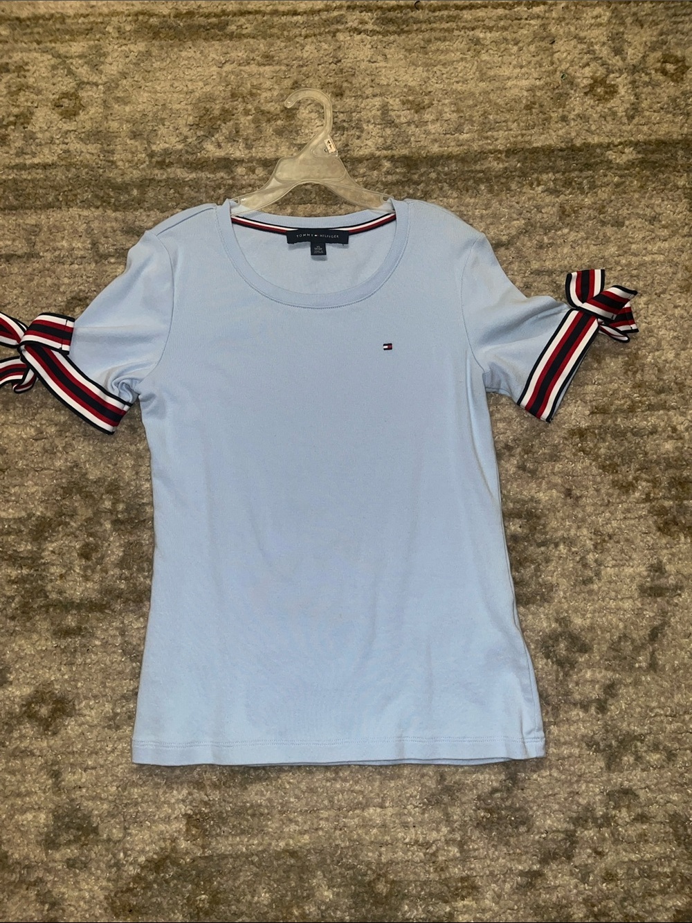 Tommy Hilfiger Pale Blue Short Sleeve Tee with Striped Bow Sleeves